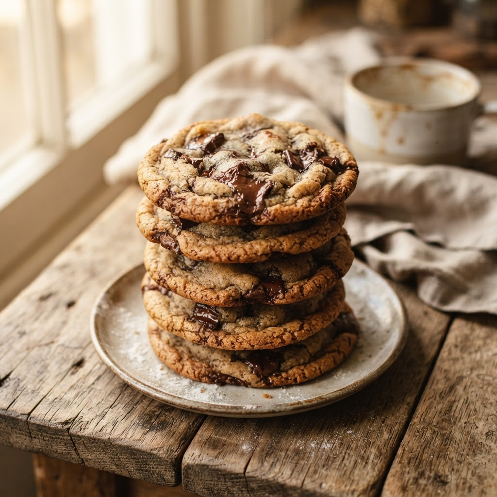A stack of freshly baked chocolate chunk cookies with crisp edges and soft centers